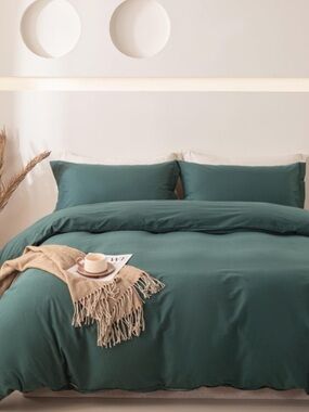 Dark Green 100% Washed Cotton Duvet Cover 3pc Set QUEEN